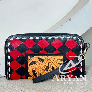 Pochette en cuir véritable à carreaux rouge et noir, style tendance, motif artisanal, fermeture éclair, pour portefeuille femme - Product Image 1