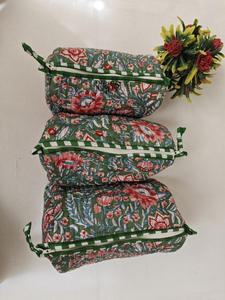 Sacs à maquillage en coton durable à rayures vertes et motifs floraux imprimés, pochettes indiennes, trousse de toilette de voyage, organiseur de cosmétiques - Product Image 4