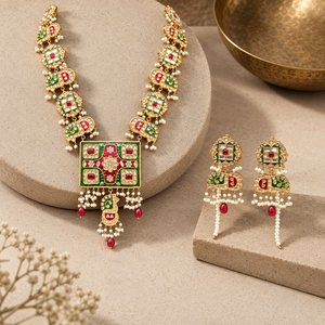<b>Gold</b> Plated Red Green Meenakari Kundan Style Necklace and Earrings <b>Set</b> with Faux Pearls Bridal Jewelry Wholesale Bulk Supply - Product Image 5
