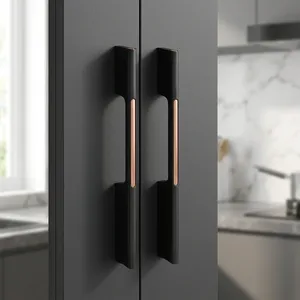Poignée de porte longue en aluminium moderne KELLTON avec accent or rose, poignée de porte d'entrée décorative noire - Product Image 4