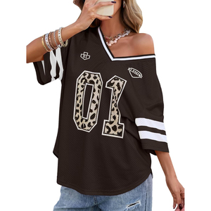 <b>Women</b> V Neck <b>Mesh</b> T-Shirt Short Sleeve Leopard Print 01 Number Loose Fit Sporty Style Spring Summer Wear - Product Image 2