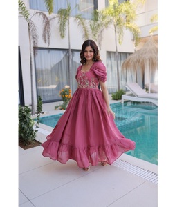 Latest Designer Readymade Gown in Mal Chanderi with Beads Embroidery Work for Party and Festive Occasion for Women Fancy Wear - Product Image 1