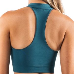 Teal Womens Seamless Quarter <b>Zip</b> Halter <b>Crop</b> Top Breathable Stretch Workout Top for Yoga Gym Running Fitness Training Activewear - Product Image 4
