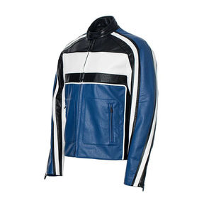 Men's Wool/Viscose Motorcycle Jacket Patchwork Stand Collar <b>Covered</b> <b>Button</b> Closure Color Blocking Windproof Custom Logo Back - Product Image 3