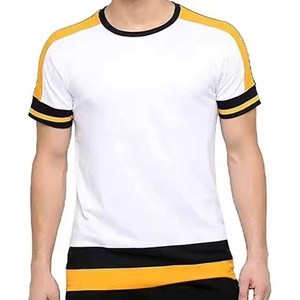 เสื้อยืดแขนสั้นสีขาวสำหรับผู้ชาย คอโอ คอตตอนถัก ทรงพอดีตัว สีเหลืองและสีดำตัดกัน สไตล์ลำลอง - Product Image 3