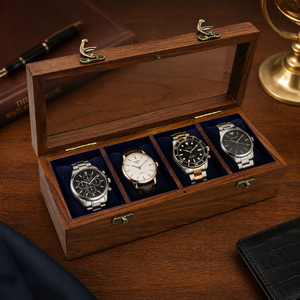 Luxury Rectangle Handcrafted 4-Slot Wooden Watch Box | Indian Rosewood Brass Inlay Glass Lid Organizer <b>Case</b> | Premium Watch - Product Image 2