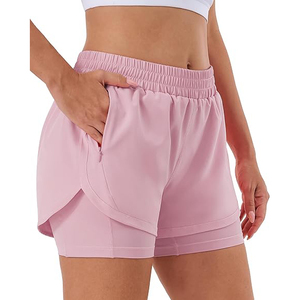 Shorts de sport rose clair pour femmes 2 en 1 avec poche pour téléphone, taille haute, respirants, en polyester, pour l'entraînement - Product Image 2