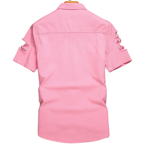 เสื้อเชิ้ตยีนส์สีชมพูสำหรับผู้ชาย แขนสั้น กระดุมติด สไตล์ลำลอง สตรีทแวร์ ผ้าฝ้ายขาดๆ แบบริป ใส่สบาย ระบายอากาศได้ดี แห้งเร็ว เหมาะสำหรับฤดูร้อน - Product Image 2
