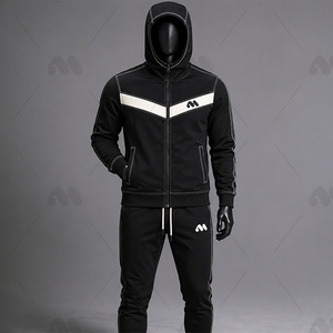 Conjunto Deportivo Colorblock Negro con Sudadera con Capucha y Cremallera y Pantalones, Ropa Deportiva Urbana con Logotipo Personalizado - Product Image 1