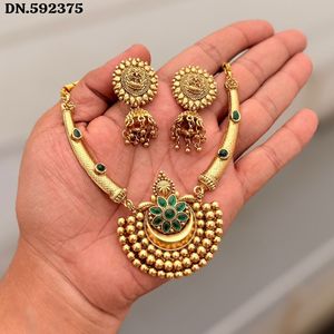 High Quality Traditional Tempal Laxmi Gold-Plated Flower Design Coin Necklace Earrings <b>Set</b> Crystal Rhinestone Ethnic Gift - Product Image 1