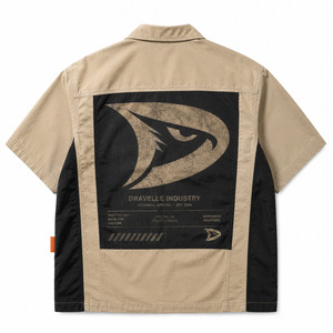 เสื้อเชิ้ตคัมป์คอลลาร์สีเบจสไตล์ยูทิลิตี้ Y2K ทรงโอเวอร์ไซส์ แขนสั้น แต่งแผงสีดำ ติดกระดุมแบบสแนป สตรีทแวร์ ขายส่ง - Product Image 4