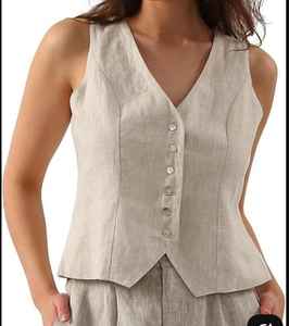 Gilet en lin pour femme, sans manches, boutonné, coupe ajustée, col en V et fermeture boutonnée sur le devant - Product Image 1
