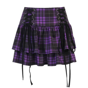 Women Gothic High Waist Double Layer Plaid Lace-Up Pleated <b>Mini</b> Skater Skirt Factory Supplies - Product Image 3