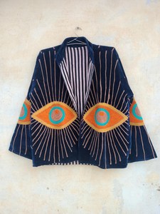Veste en velours pour femme, faite main, motif œil protecteur, brodée, style bohème, audacieuse et artistique, streetwear, pour festival - Product Image 2