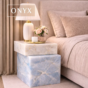 Mesa Auxiliar de Mármol Ónix Azul Hecha a Mano, Pedestal de Mármol de Lujo, Mesa Auxiliar Moderna, Mesa de Noche, Decoración Elegante para Sala de Estar - Product Image 1