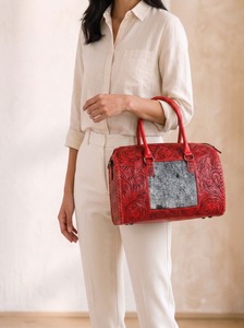 Red Embossed Leather <b>Duffel</b> <b>Bag</b> Floral Pattern Zipper Handled Travel Weekender Purse for Daily Use Durable Waterproof Polyester - Product Image 5