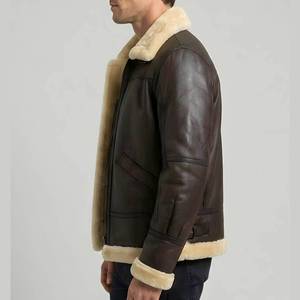 Men's Brown Canvas <b>Leather</b> Waterproof Windproof Slim Fit Zip Front Motorcycle Style Biker Coat Criss-cross Decoration Sheep Fur - Product Image 2