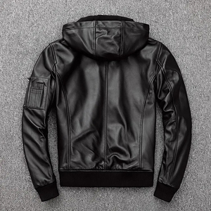 Custom Men Genuine Leather Hooded Bomber <b>Jacket</b> Winter Streetwear Sheepskin <b>Waterproof</b> Windproof Anti-UV Front <b>Plus</b> <b>Size</b> High - Product Image 3