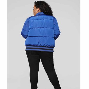 Chaqueta Acolchada Azul para Mujer, Manga Larga, Cuello Alto, Cierre de Botones, Abrigo Cálido de Invierno, Color Sólido en Contraste - Product Image 3