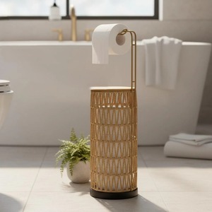 Rattan Toilet <b>Paper</b> Holder Floor Standing Handmade Bathroom <b>Tissue</b> Roll Storage Stand For Home Bathroom Washroom Decor - Product Image 1