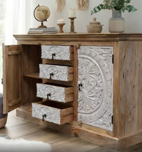 Aparador Modular Ajustable para Sala de Estar, Tallado a Mano en Madera, Tradicionalmente Blanco, Ecológico, Moderno - Product Image 2