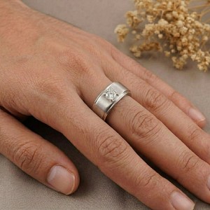 Classic 18K White Gold Engagement <b>Ring</b> With Round Brilliant Cut Diamond Bezel Setting Men <b>Fine</b> Jewelry - Product Image 1