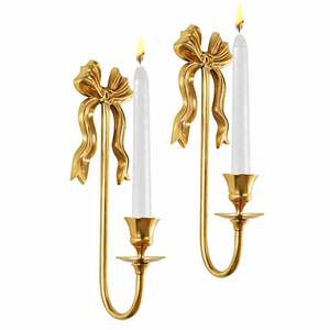 Ensemble de appliques murales élégantes en or avec nœud, porte-bougie conique haut, design classique incurvé, lumière chaude, décoration de luxe pour la maison - Product Image 1