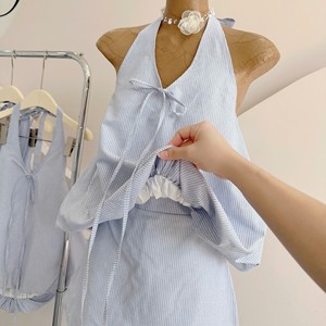 Combinaison d'été décontractée pour femme, à rayures, col licou, sans manches, coupe ample, avec lien à nouer sur le devant, motif tie-dye, longueur genou, en polyester/coton, pour usage quotidien, OEM - Product Image 4