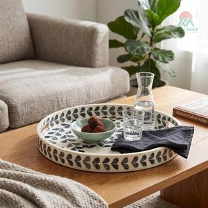 Plateau rond marocain en nacre incrustée, noir et blanc, fait main, bol de service, vaisselle - Product Image 2