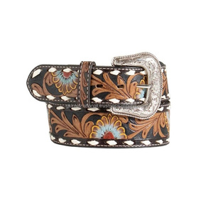 Ceintures de cowboy vintage en cuir tanné végétal à motif floral gaufré pour hommes, avec boucle ardillon antique et cuir travaillé - Product Image 1