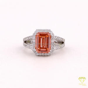 Peach <b>Emerald</b> Cut Lab Grown Diamond Halo Engagement <b>Ring</b> in 925 Sterling <b>Silver</b> Split Shank Pavé <b>Ring</b> - Product Image 1