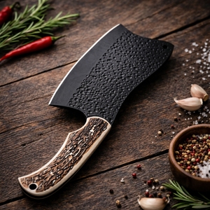Cuchillo de chef SAZ ENTERPRISES forjado a mano en acero al carbono con funda de cuero y mango de cuerno, para barbacoa, cocina y camping. - Product Image 2