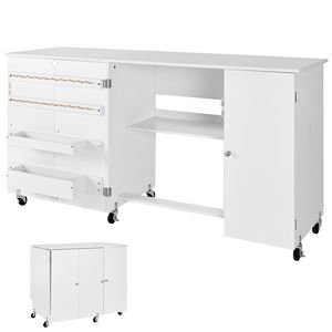 Table de machine à coudre avec design pliable, roulettes compactes, chevilles en bois et plateaux de rangement - Product Image 1