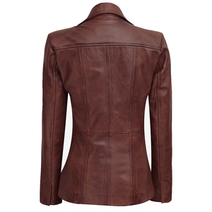 <b>Women's</b> <b>Brown</b> Genuine Leather Blazer <b>Jacket</b> Turn Down Collar Single Breasted Long Sleeve Coat - Product Image 2