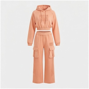 Conjunto Deportivo de 2 Piezas para Mujer, Color Durazno, Estampado Geométrico, Manga Larga, Corte Holgado, Pantalones Deportivos Casuales con Bolsillos Laterales - Product Image 1