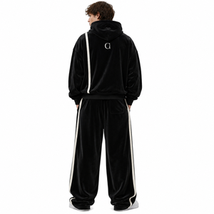 Hot Selling Men's Blank <b>Velour</b> Oversized Boxy Pullover Hoodies Wide Leg <b>Joggers</b> Custom Contrast Stripe Autumn Velvet Sweat Sets - Product Image 3