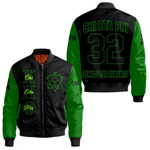 เสื้อแจ็คเก็ตบอมเบอร์ฤดูหนาว Chi Eta Phi สำหรับผู้ชาย สีดำ-เขียว พิมพ์ลายการ์ตูน คอตั้ง ซิปหน้า สไตล์ลำลอง บริการเพื่อมนุษยชาติ - Product Image 1
