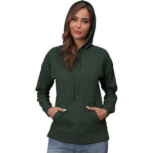 Sweat-shirt à capuche vert foncé pour femme, manches longues, épaules tombantes, couleur unie, pull décontracté, poches, tricoté, 100% coton, séchage rapide - Product Image 2