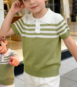Green Striped Knitted Short Sleeve Polo Shirt Boys Casual Wear White Collar Eco-Friendly Breathable Compressed Polyester - Product Image 1
