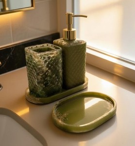 Olive Green Resin <b>Bathroom</b> <b>Accessories</b> <b>Set</b> Handmade Soap Dispenser and Tray Spa Style Vanity Organizer Modern <b>Bathroom</b> Decor - Product Image 1