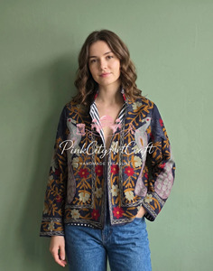 Handcrafted Suzani Embroidery Breathable Woven Velvet <b>Quilted</b> Jacket Traditional Kashmiri Floral Peacock Motif Winter Wear Coat - Product Image 1