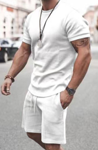 2026 OEM Custom Unisex Men's <b>Twin</b> <b>Set</b> 2-Piece Short Knitted T-Shirts and Shorts with Printed Pattern - Product Image 3