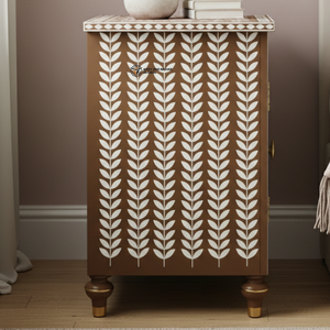 Mesa de Noche Moderna de Lujo con Incrustaciones de Hueso, Ecológica y Hecha a Mano, con 3 Cajones, Gabinete Auxiliar, Diseño Floral Marrón y Blanco - Product Image 2