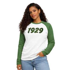 Camiseta blanca de manga larga raglán de la hermandad Iota Phi Lambda, año de fundación 1929, mangas verde esmeralda, ropa con letras griegas, top para mujer - Product Image 3