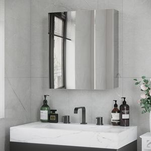 Armadietto da Bagno a 3 Ripiani in Argento con Ante a Battente e Specchio, Mobile da Parete - Product Image 2