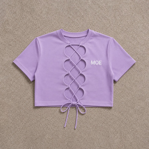 T-shirt court à lacets sur le devant pour femme, haut streetwear personnalisé avec découpes, style Y2K, collection printemps-été, col rond, chemisier ajouré, DTF - Product Image 3