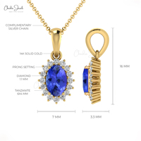 Pendentif de qualité supérieure en Tanzanite taille ronde 6x4mm et halo de diamants, en or massif 14 carats, double pierre de naissance, cadeau idéal pour la fête de Pâques