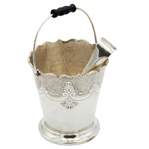 Ornate silver <b>ice</b> <b>bucket</b> with scalloped edges and handle available at wholesale prices. Vintage style decorative barware. - Product Image 1