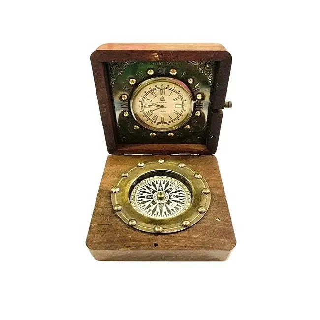 Antique Brass Wooden Desk Clock Bússola Ajustável Presente best selling relógios náuticos exportadores Índia