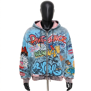 Sweat-shirt à capuche brodé graffiti pour homme, coupe oversize, en coton épais, délavé à l'acide, style streetwear, fermeture éclair intégrale - Product Image 1